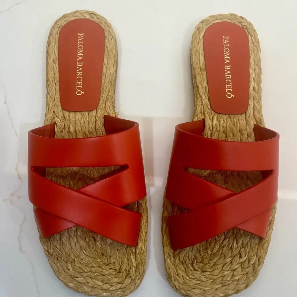 Paloma Barceló Coral/Orange Leather Espadrille Slide Sandals Made in Spain EU 36